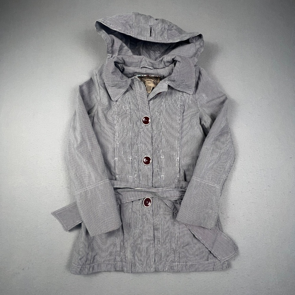 RuffHewn Ticking Stripe Jacket Womens S Blue White Belted Floral Lined Trench